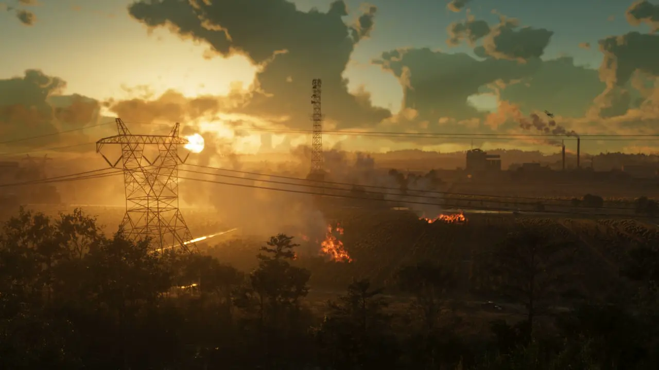 Grand Theft Auto VI Ambrosia still at sunset with a field fire, factory stacks, and a small plane