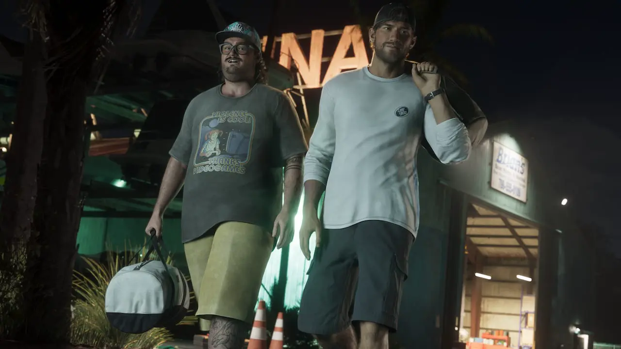 Cal Hampton at night with Jason, duffel bags, and a Brian’s sign