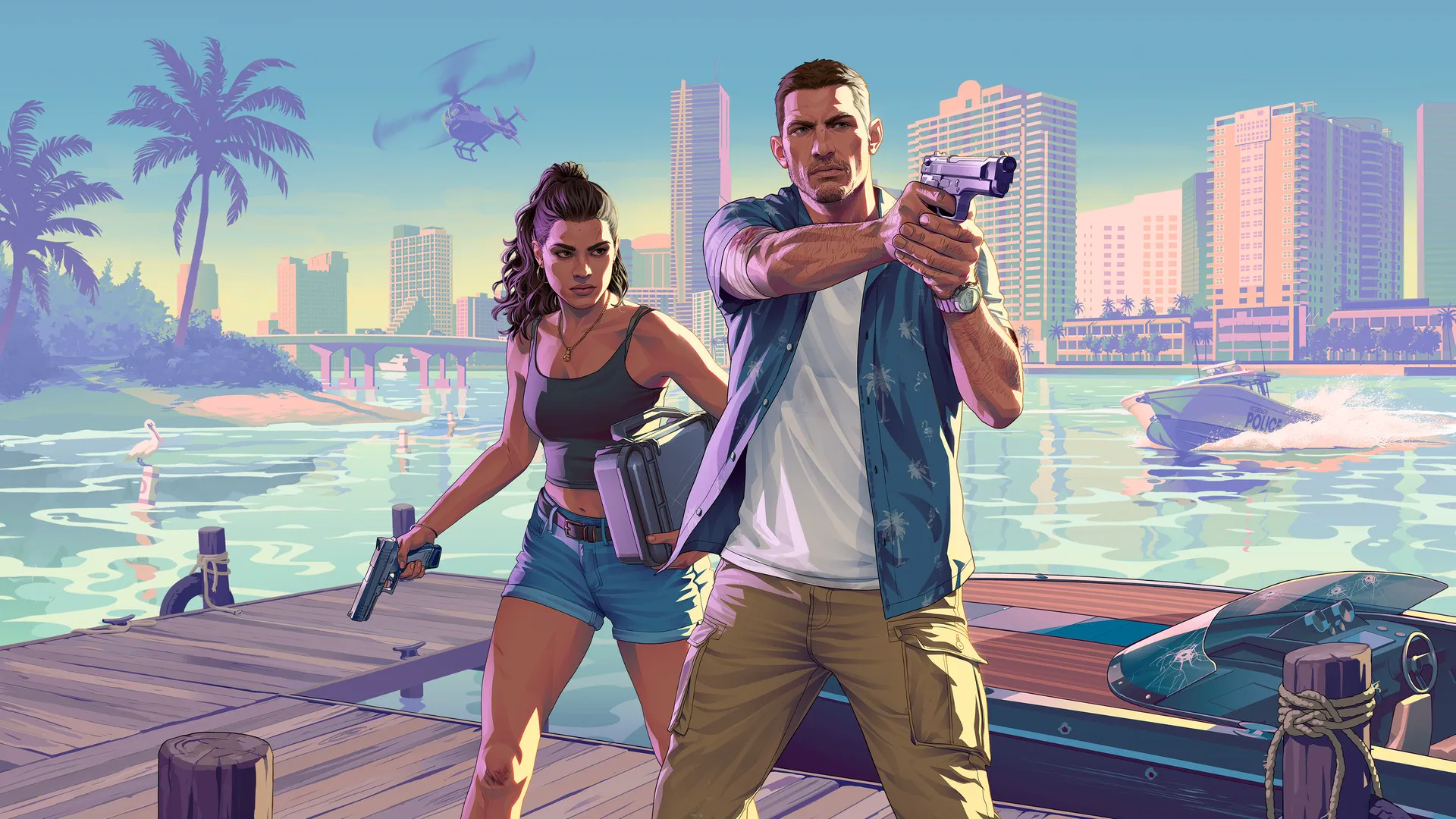 Official Grand Theft Auto VI Jason and Lucia still: the two leads on a muscle-car hood at sunset