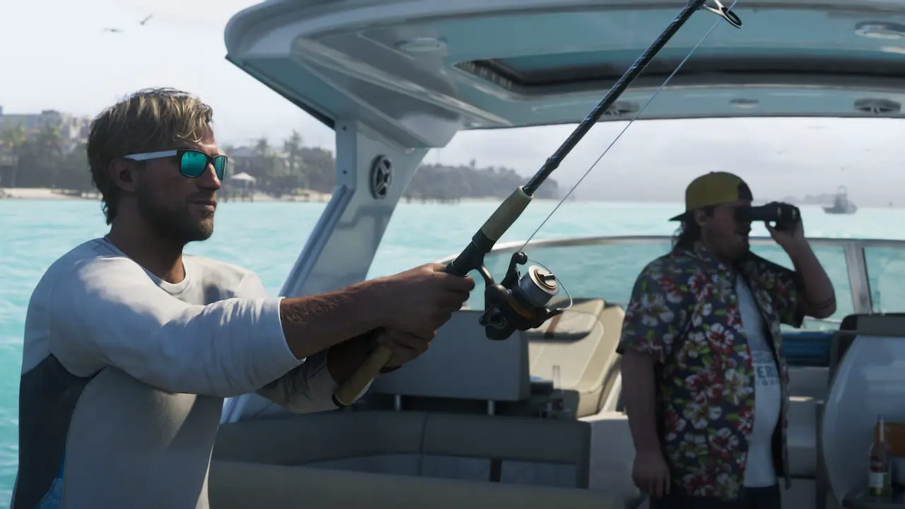 Official Grand Theft Auto VI still: Jason on a powerboat with a spinning rod