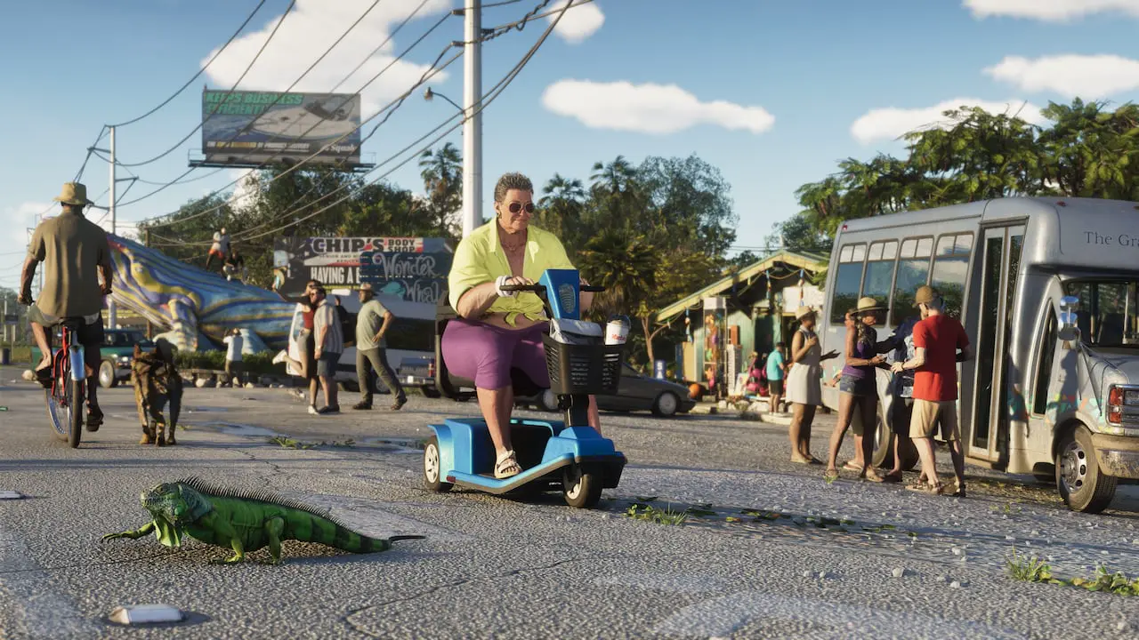 Official Grand Theft Auto VI Leonida Keys still with a green iguana in the road