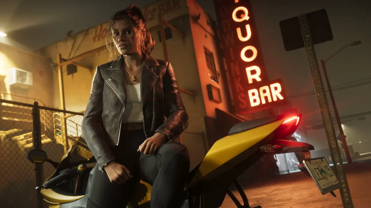 Official Grand Theft Auto VI still: Lucia on a yellow bike at night under a Liquor Bar neon