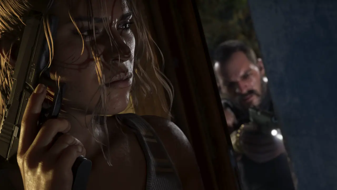 Grand Theft Auto VI Lucia Caminos 04 still: Lucia behind an open car door, pistol high, a man shooting from a blue pillar