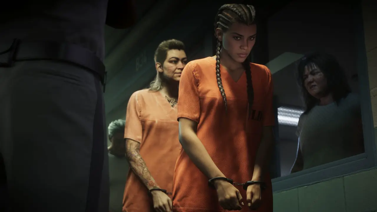 Lucia Caminos in an orange jumpsuit in a Leonida Penitentiary corridor