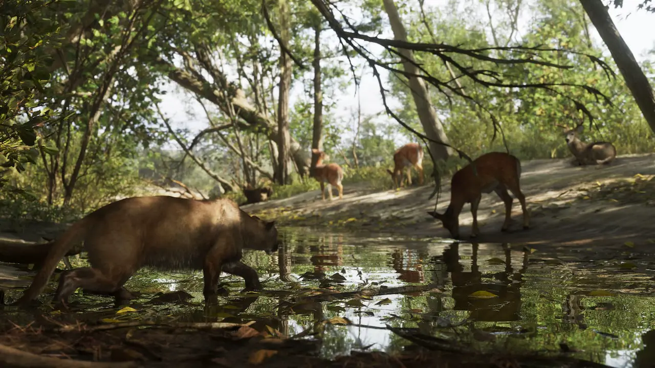 Official Grand Theft Auto VI Mount Kalaga National Park still with a cougar in a creek and deer on the far bank