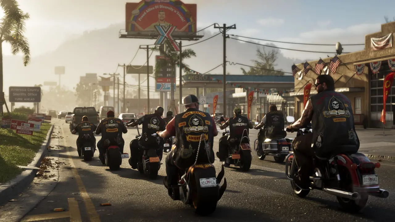 Ambrosia still. Bikers past the Xero and the sheriff sign.