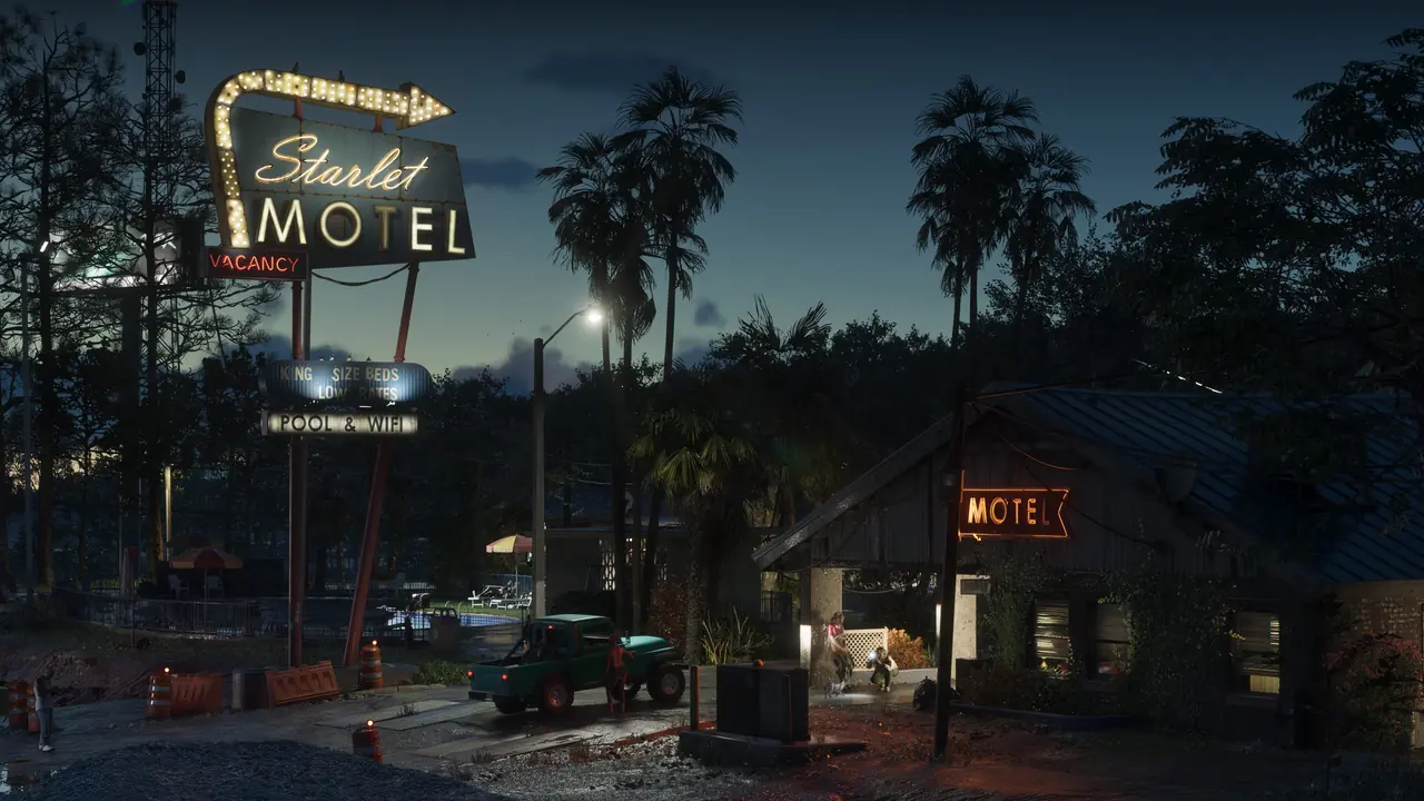 Port Gellhorn still. The Starlet Motel neon at dusk.