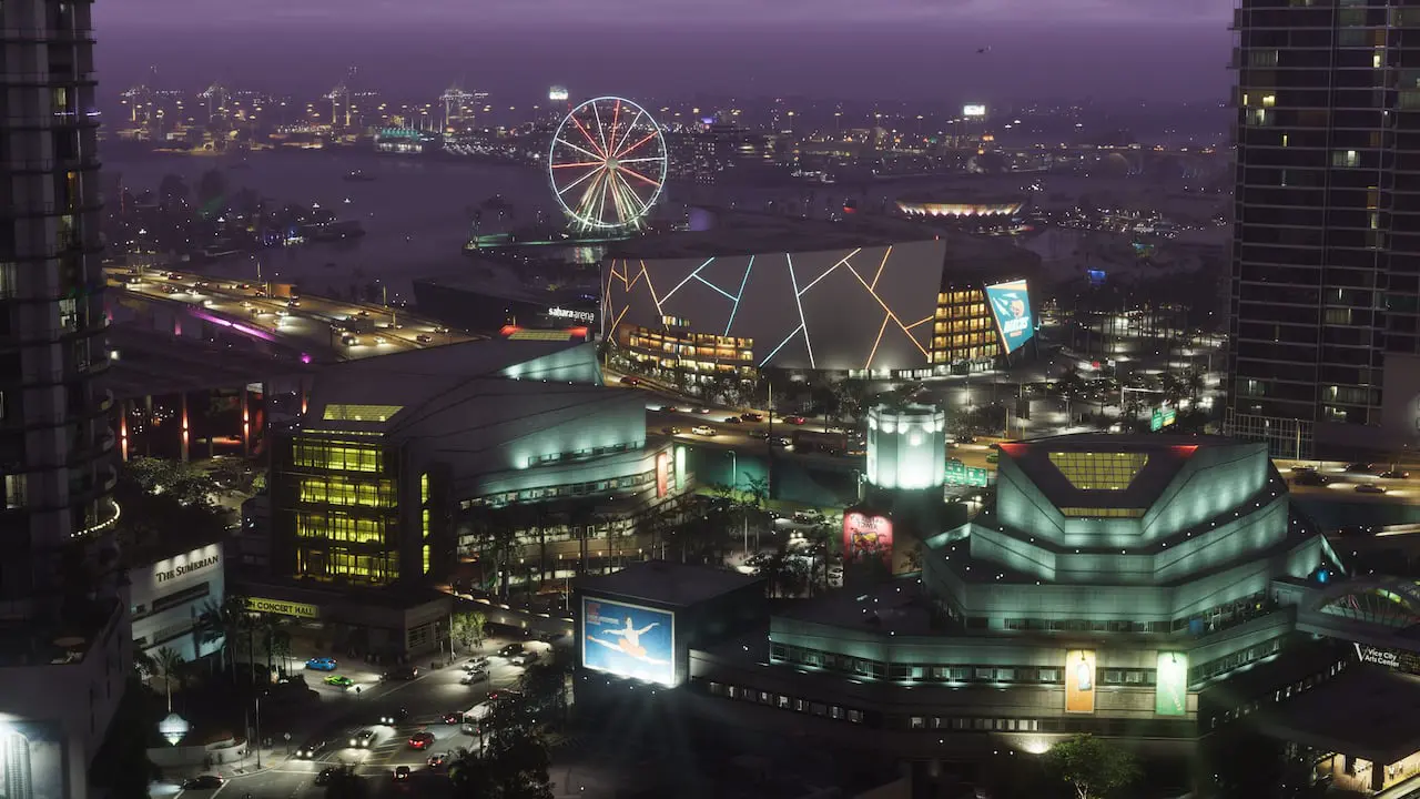 Grand Theft Auto VI Vice City still: twilight aerial with harbor cranes, Ferris wheel, and named venue signs