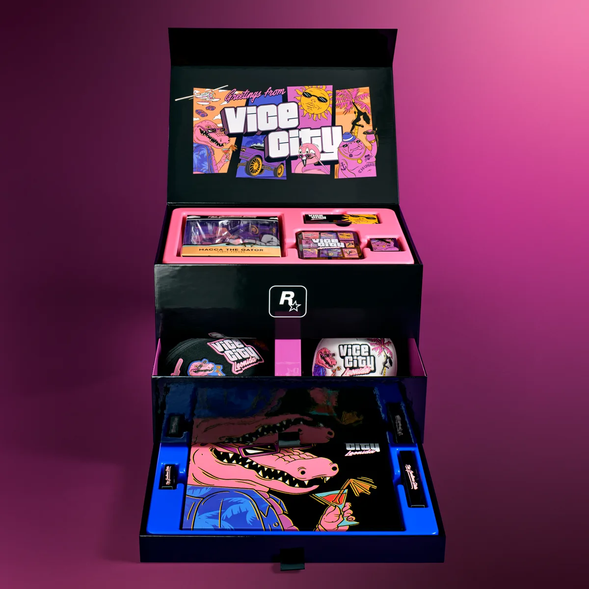 Official Rockstar Store photo of the Vice City Collection box open, showing its drawers