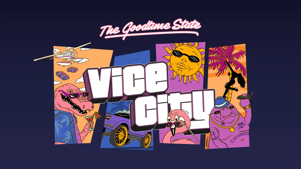 Official artwork for Grand Theft Auto VI: The Goodtime State – Vice City Collection, with Macca the Gator and Chunkee the Manatee